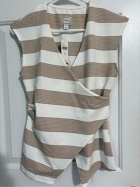Maeve Cream and Tan Striped Sleeveless Wrap-Front Top
